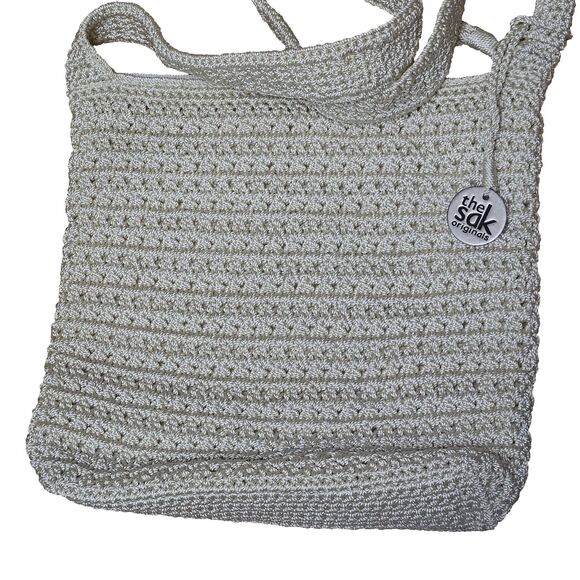 The Sak Shoulder Bag Light Beige/Off White Crochet Knit Zip Top Closure Vtg - Picture 3 of 7